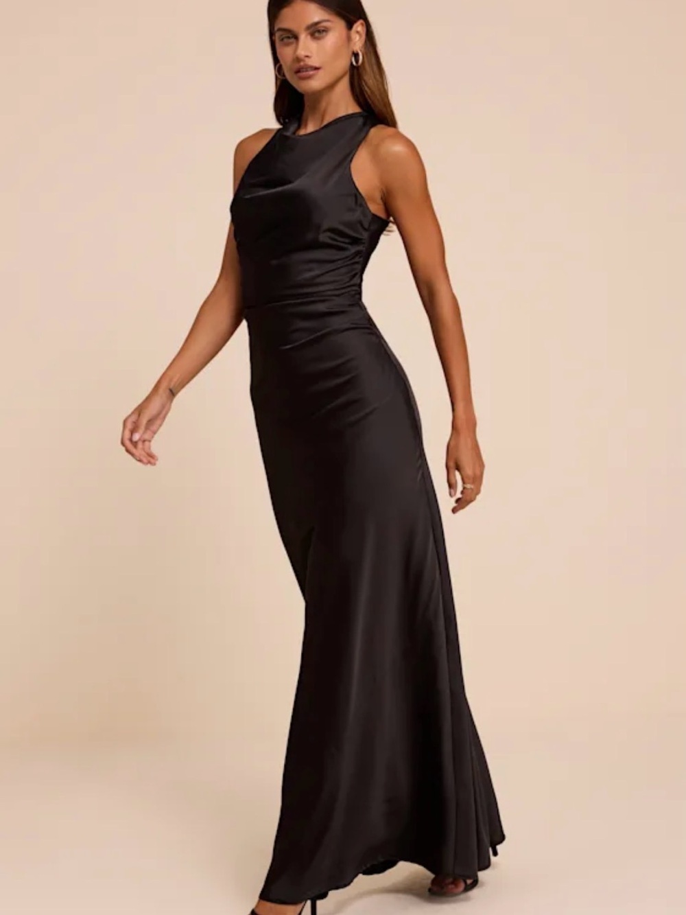 Lulu's Black Satin Halter Maxi Gown